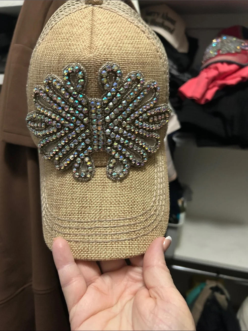 Olive and Pique Embellished Crystal Butterfly Cap in Natural - Women's Accessory